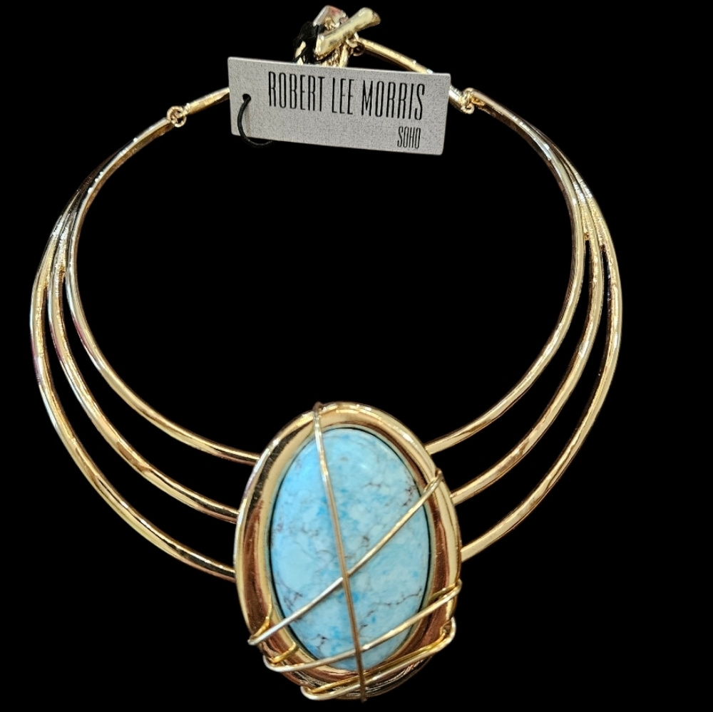 NWT Robert Lee Morris Soho Turqoise Gold Wired Pendant  Choker Bibb Necklace‎
